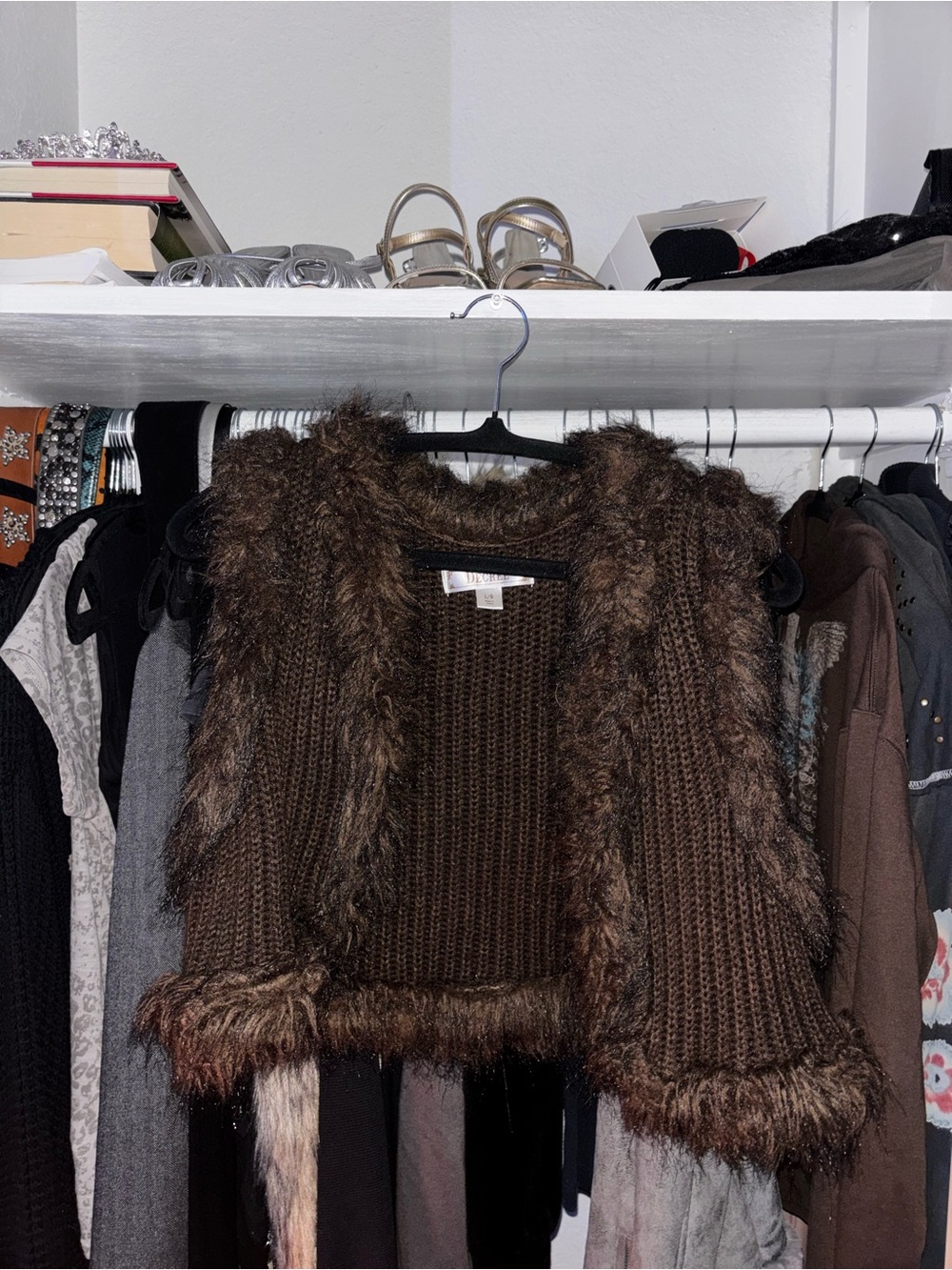 Decree Brown Faux Fur Trim Knit Vest